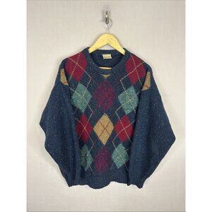 Vintage Shannon Ireland Shetland Wool Argyle Sweater Blue L Made in Ireland